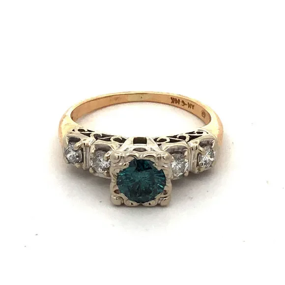 Vintage AM-G 14K Yellow White Gold Blue Diamond White Accented Engagement Ring